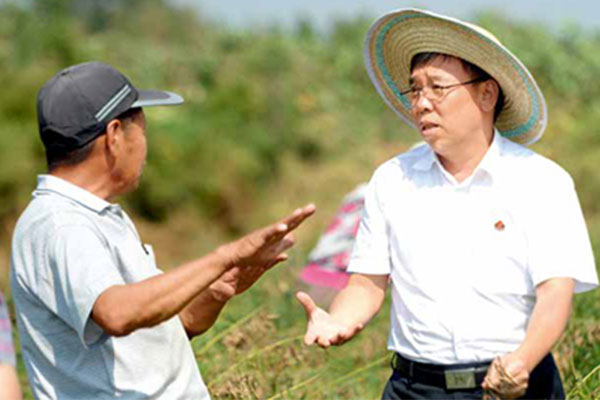 李安平（右）在田间地头考察中药材